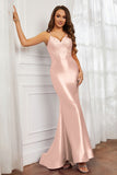 Spaghetti Straps Applique Mermaid Satin Sweep Train Formal Evening Gown Prom Party Dresses