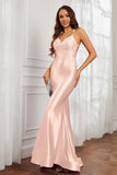 Spaghetti Straps Applique Mermaid Satin Sweep Train Formal Evening Gown Prom Party Dresses