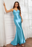 Spaghetti Straps Applique Mermaid Satin Sweep Train Formal Evening Gown Prom Party Dresses