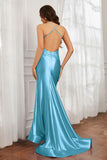 Spaghetti Straps Applique Mermaid Satin Sweep Train Formal Evening Gown Prom Party Dresses