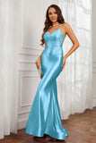 Spaghetti Straps Applique Mermaid Satin Sweep Train Formal Evening Gown Prom Party Dresses