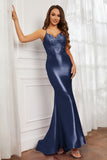 Spaghetti Straps Applique Mermaid Satin Sweep Train Formal Evening Gown Prom Party Dresses
