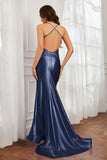 Spaghetti Straps Applique Mermaid Satin Sweep Train Formal Evening Gown Prom Party Dresses