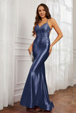 Spaghetti Straps Applique Mermaid Satin Sweep Train Formal Evening Gown Prom Party Dresses
