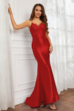 Spaghetti Straps Applique Mermaid Satin Sweep Train Formal Evening Gown Prom Party Dresses