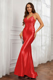 Spaghetti Straps Applique Mermaid Satin Sweep Train Formal Evening Gown Prom Party Dresses
