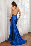 Spaghetti Straps Applique Mermaid Satin Sweep Train Formal Evening Gown Prom Party Dresses