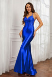 Spaghetti Straps Applique Mermaid Satin Sweep Train Formal Evening Gown Prom Party Dresses