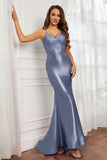 Spaghetti Straps Applique Mermaid Satin Sweep Train Formal Evening Gown Prom Party Dresses
