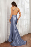 Spaghetti Straps Applique Mermaid Satin Sweep Train Formal Evening Gown Prom Party Dresses