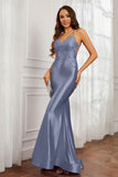 Spaghetti Straps Applique Mermaid Satin Sweep Train Formal Evening Gown Prom Party Dresses