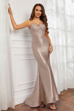 Spaghetti Straps Applique Mermaid Satin Sweep Train Formal Evening Gown Prom Party Dresses