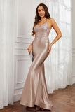 Spaghetti Straps Applique Mermaid Satin Sweep Train Formal Evening Gown Prom Party Dresses