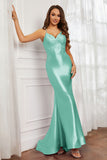 Spaghetti Straps Applique Mermaid Satin Sweep Train Formal Evening Gown Prom Party Dresses