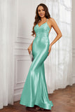 Spaghetti Straps Applique Mermaid Satin Sweep Train Formal Evening Gown Prom Party Dresses