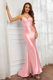 Spaghetti Straps Applique Mermaid Satin Sweep Train Formal Evening Gown Prom Party Dresses