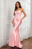 Spaghetti Straps Applique Mermaid Satin Sweep Train Formal Evening Gown Prom Party Dresses