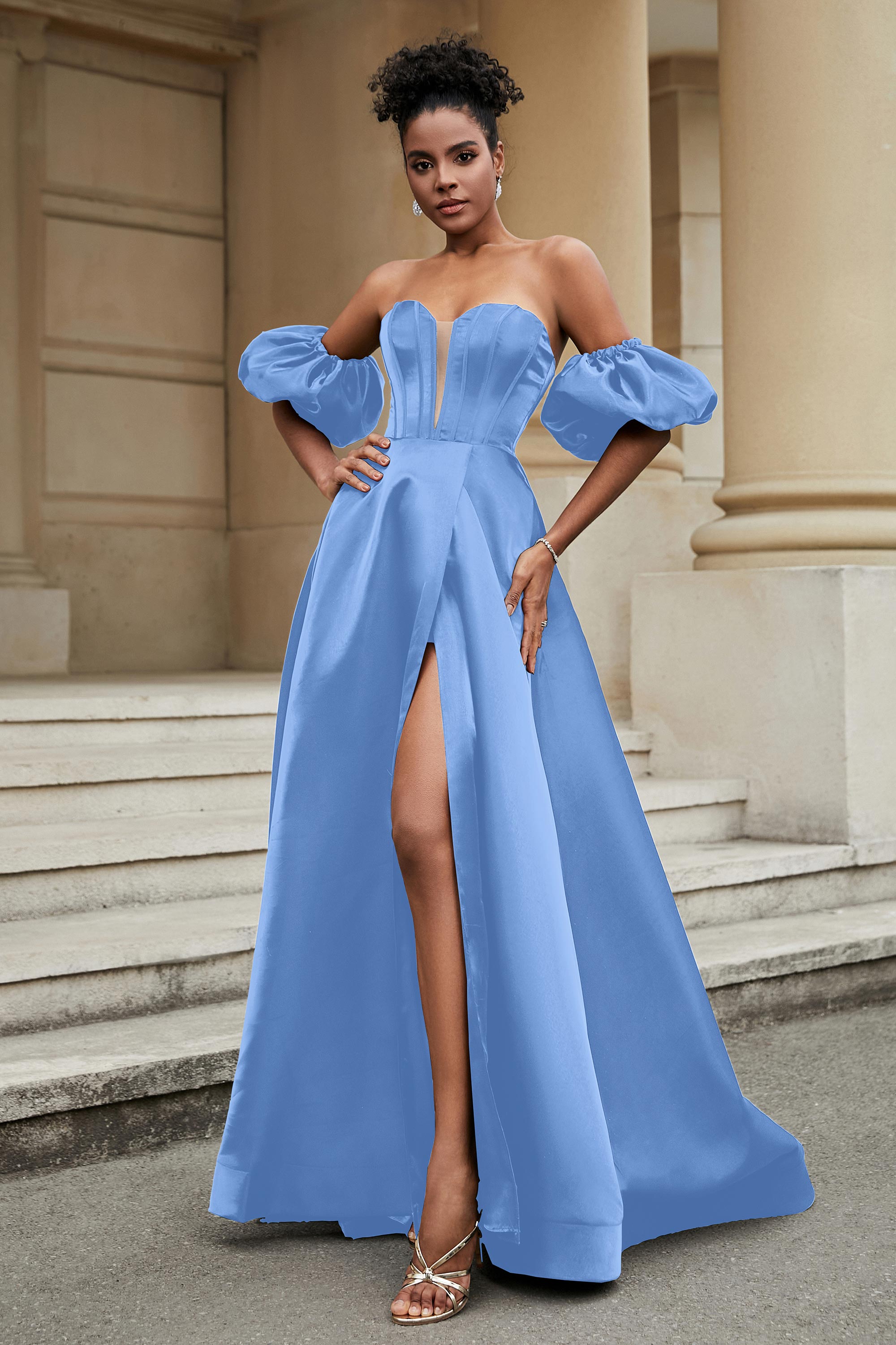 Stylish Sweetheart A-Line Satin Sweep Train Formal Evening Dress With Slit Prom Party Gowns