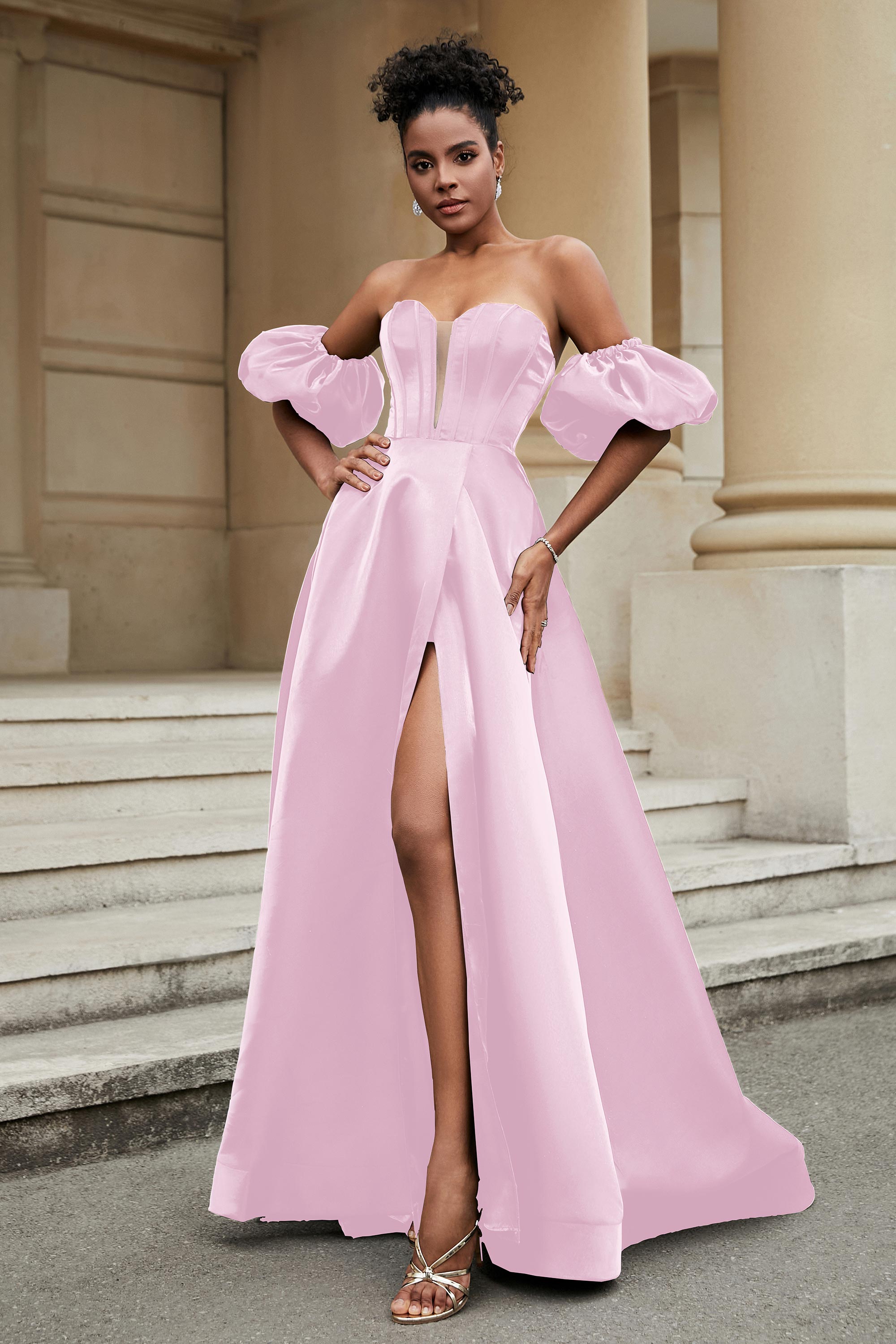 Stylish Sweetheart A-Line Satin Sweep Train Formal Evening Dress With Slit Prom Party Gowns