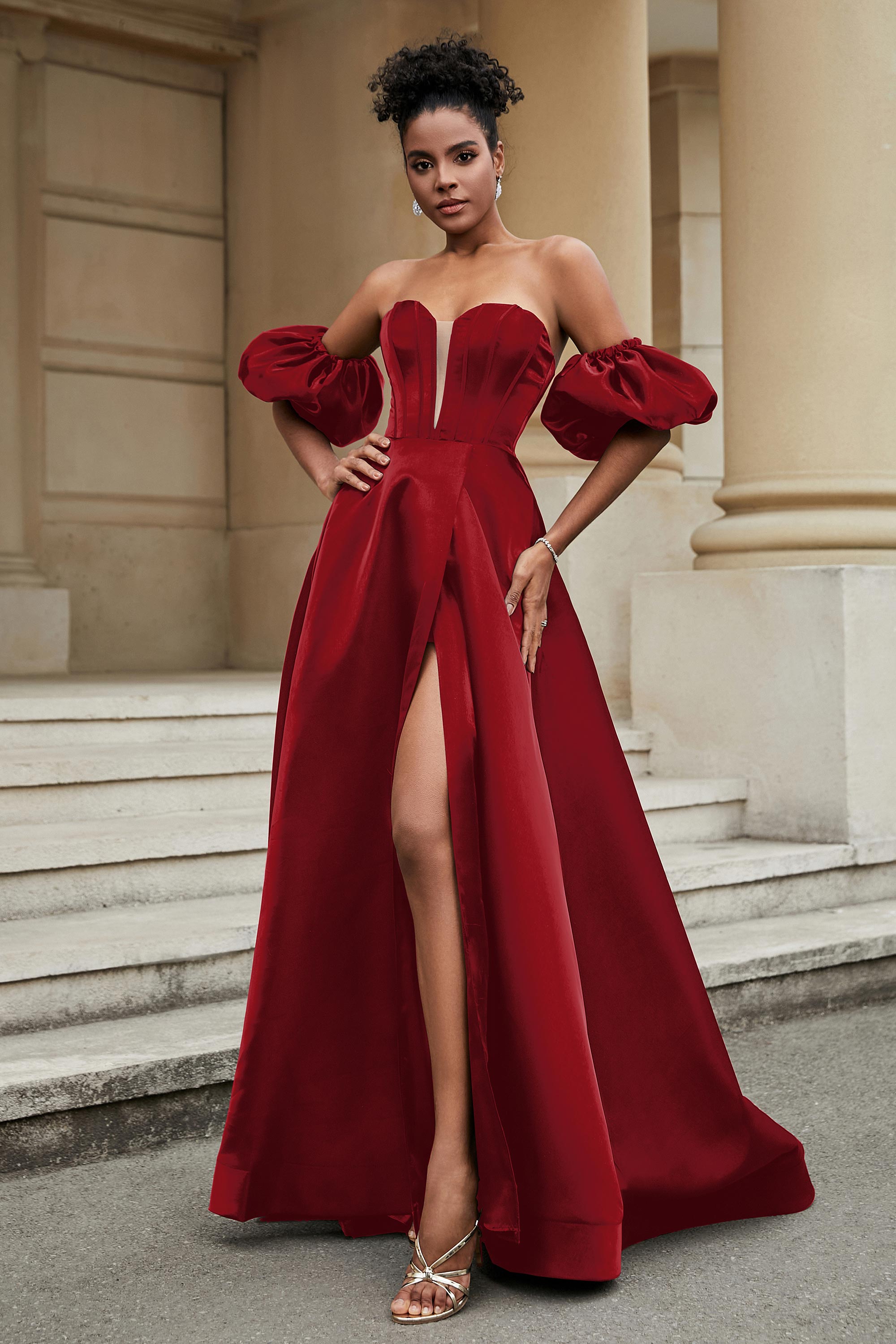 Stylish Sweetheart A-Line Satin Sweep Train Formal Evening Dress With Slit Prom Party Gowns