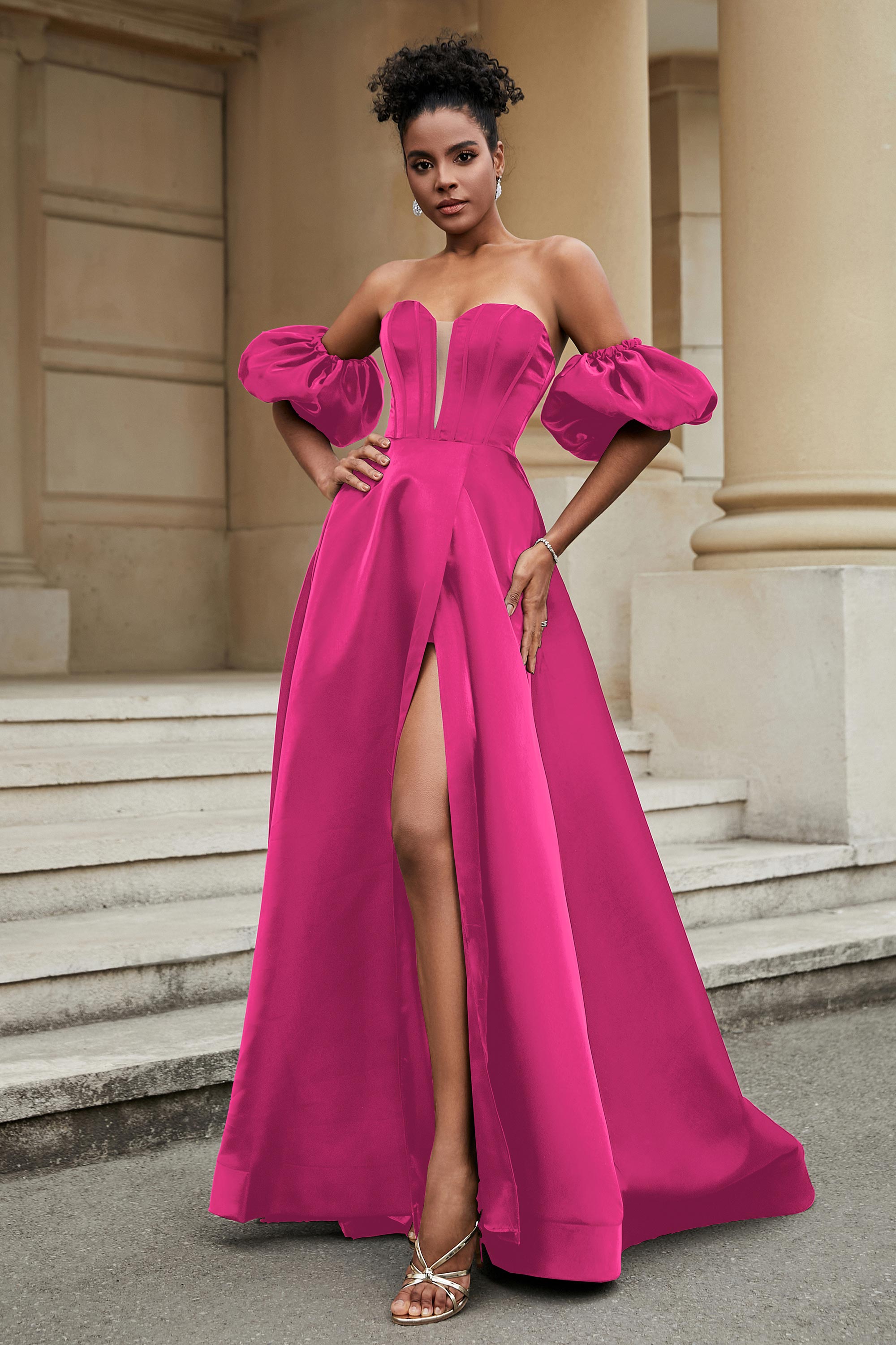 Stylish Sweetheart A-Line Satin Sweep Train Formal Evening Dress With Slit Prom Party Gowns