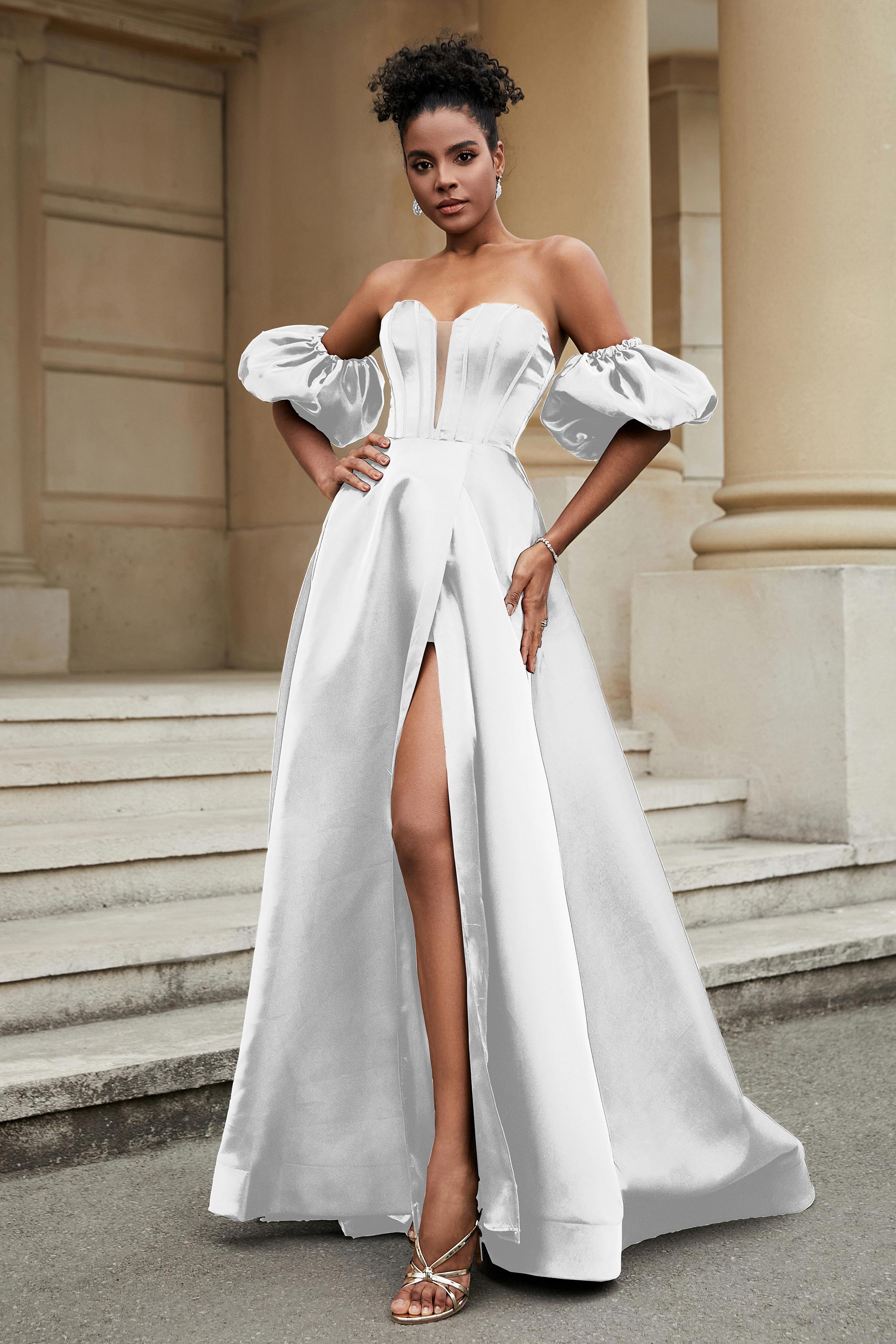 Stylish Sweetheart A-Line Satin Sweep Train Formal Evening Dress With Slit Prom Party Gowns