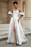 Stylish Sweetheart A-Line Satin Sweep Train Formal Evening Dress With Slit Prom Party Gowns