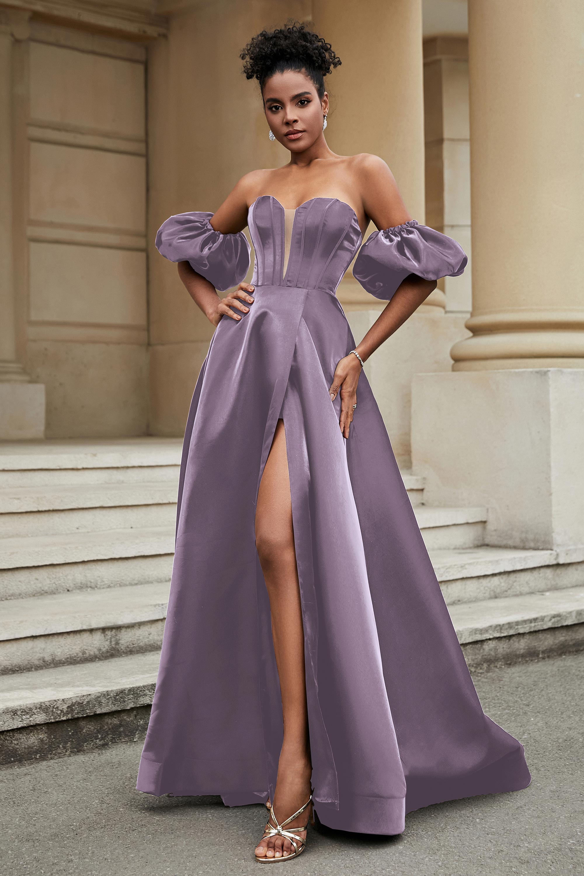 Stylish Sweetheart A-Line Satin Sweep Train Formal Evening Dress With Slit Prom Party Gowns