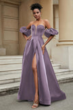 Stylish Sweetheart A-Line Satin Sweep Train Formal Evening Dress With Slit Prom Party Gowns