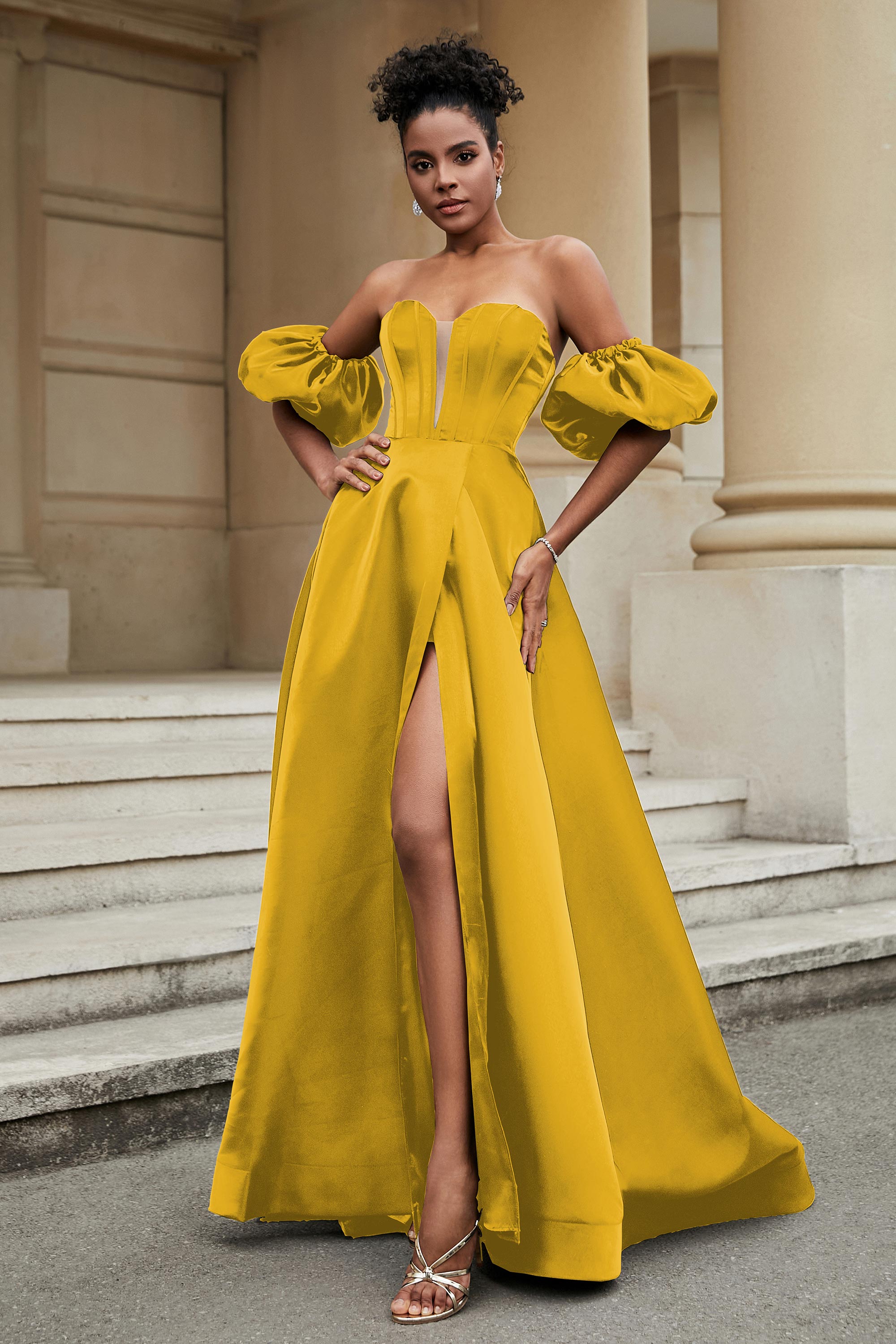 Stylish Sweetheart A-Line Satin Sweep Train Formal Evening Dress With Slit Prom Party Gowns