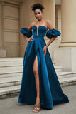 Stylish Sweetheart A-Line Satin Sweep Train Formal Evening Dress With Slit Prom Party Gowns