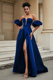 Stylish Sweetheart A-Line Satin Sweep Train Formal Evening Dress With Slit Prom Party Gowns