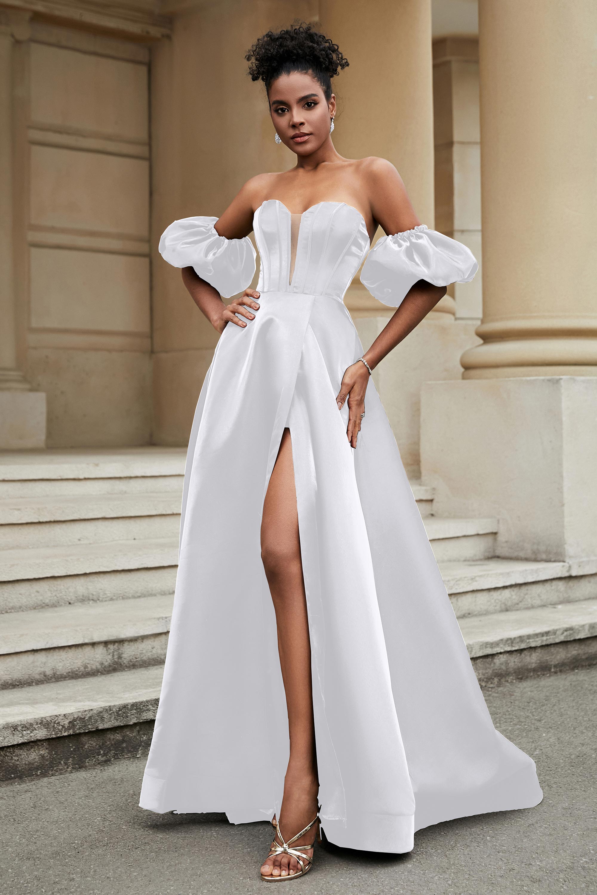 Stylish Sweetheart A-Line Satin Sweep Train Formal Evening Dress With Slit Prom Party Gowns