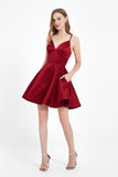V Neck Lace Up Back Short Satin Dress With Pockets Junior Bridesmaid Dresses Homecoming Prom Gowns