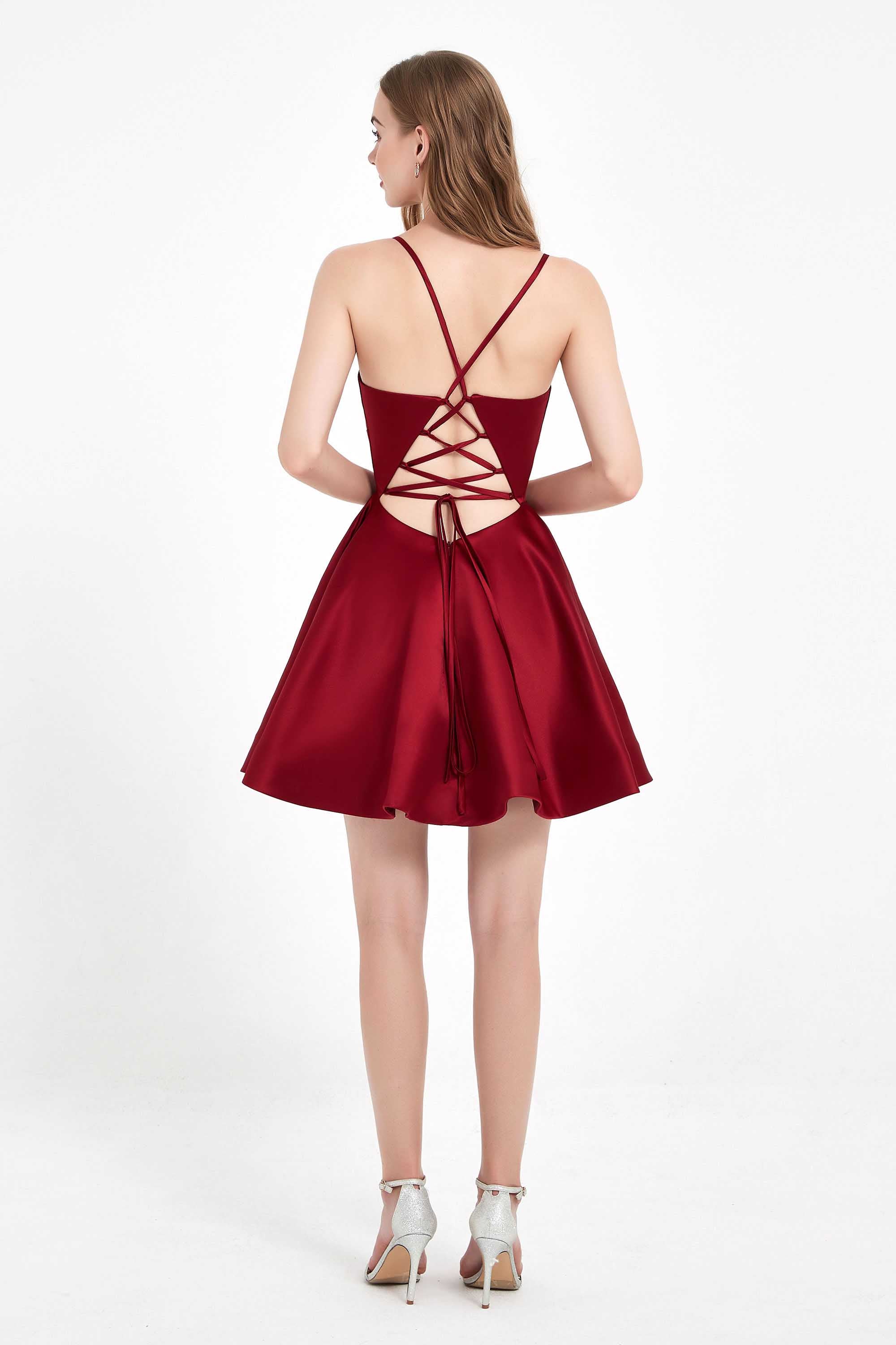 V Neck Lace Up Back Short Satin Dress With Pockets Junior Bridesmaid Dresses Homecoming Prom Gowns