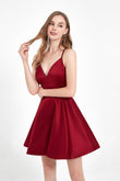 V Neck Lace Up Back Short Satin Dress With Pockets Junior Bridesmaid Dresses Homecoming Prom Gowns