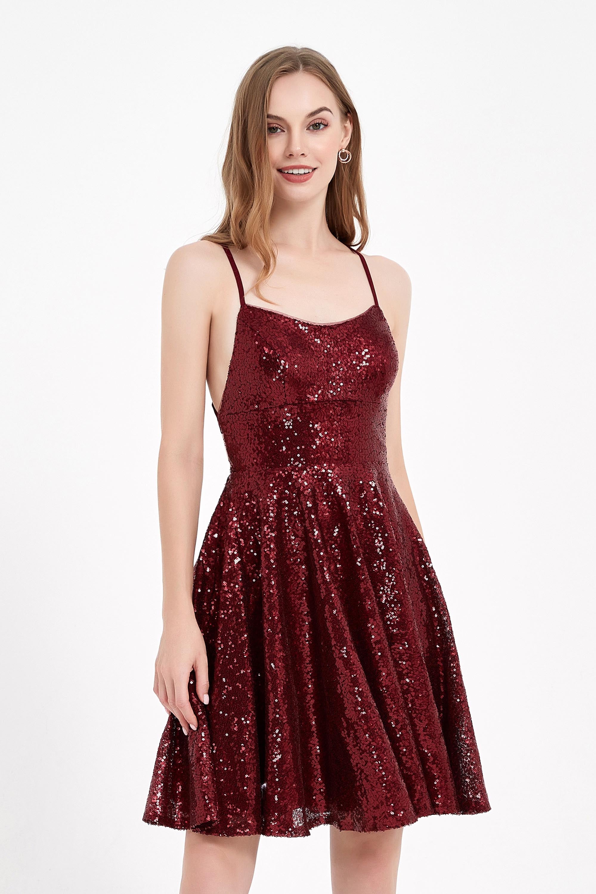 Square Neck Lace-up Back Short Sequin Dress Mini Homecoming Prom Dresses Cocktail Gowns