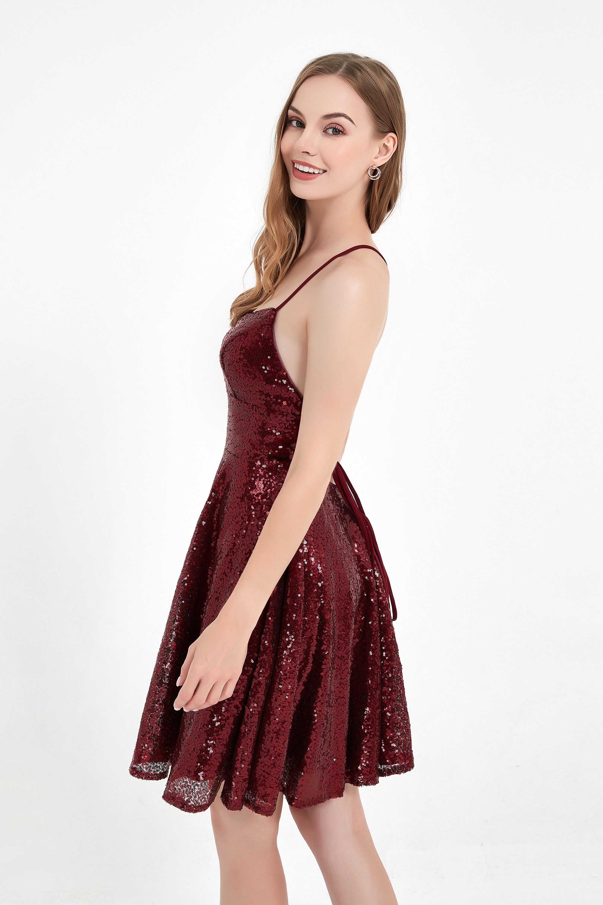 Square Neck Lace-up Back Short Sequin Dress Mini Homecoming Prom Dresses Cocktail Gowns