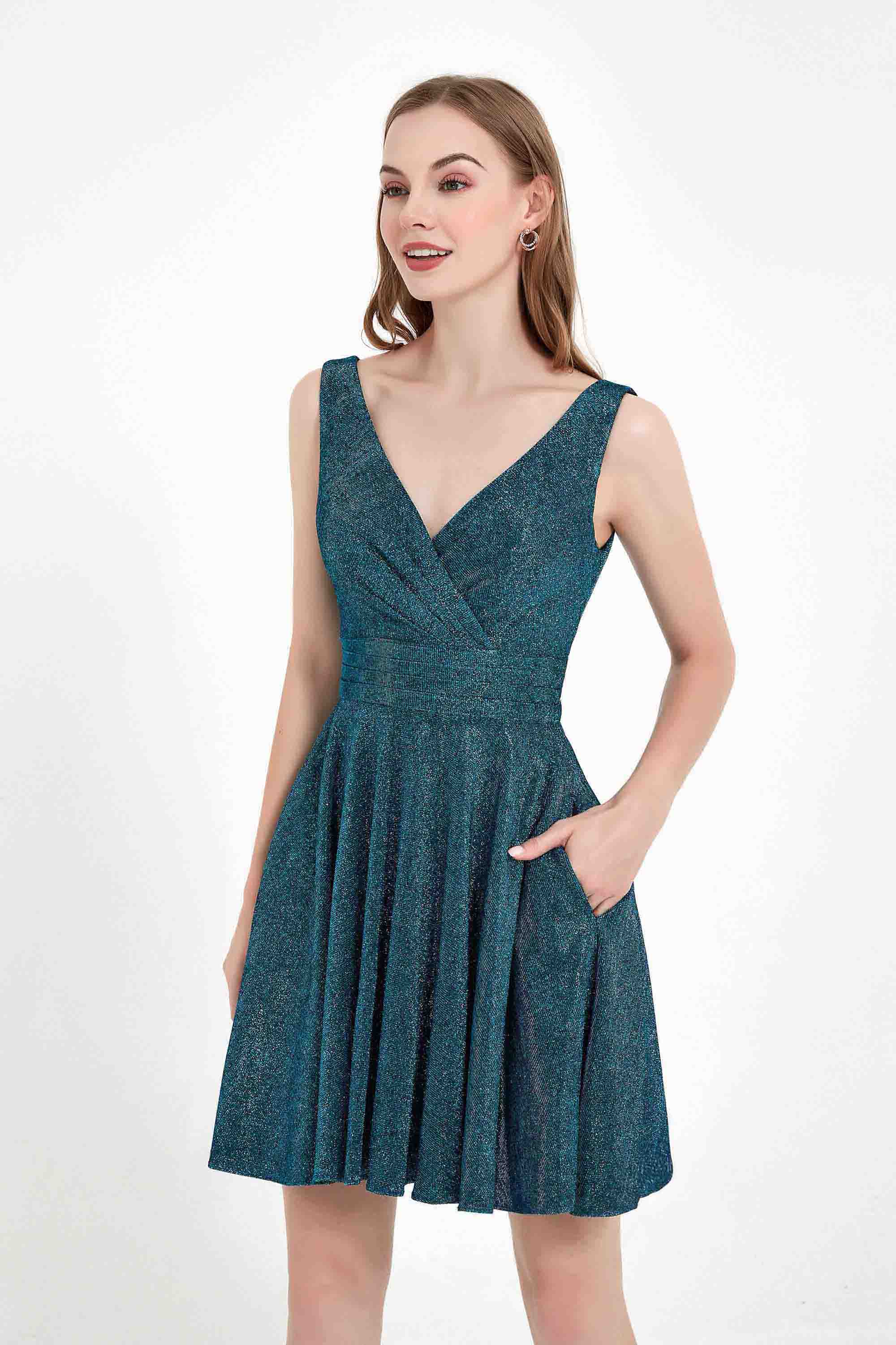 V-neck Glitter Short Dress With Pockets Homecoming Prom Dresses Party Cocktail Gowns