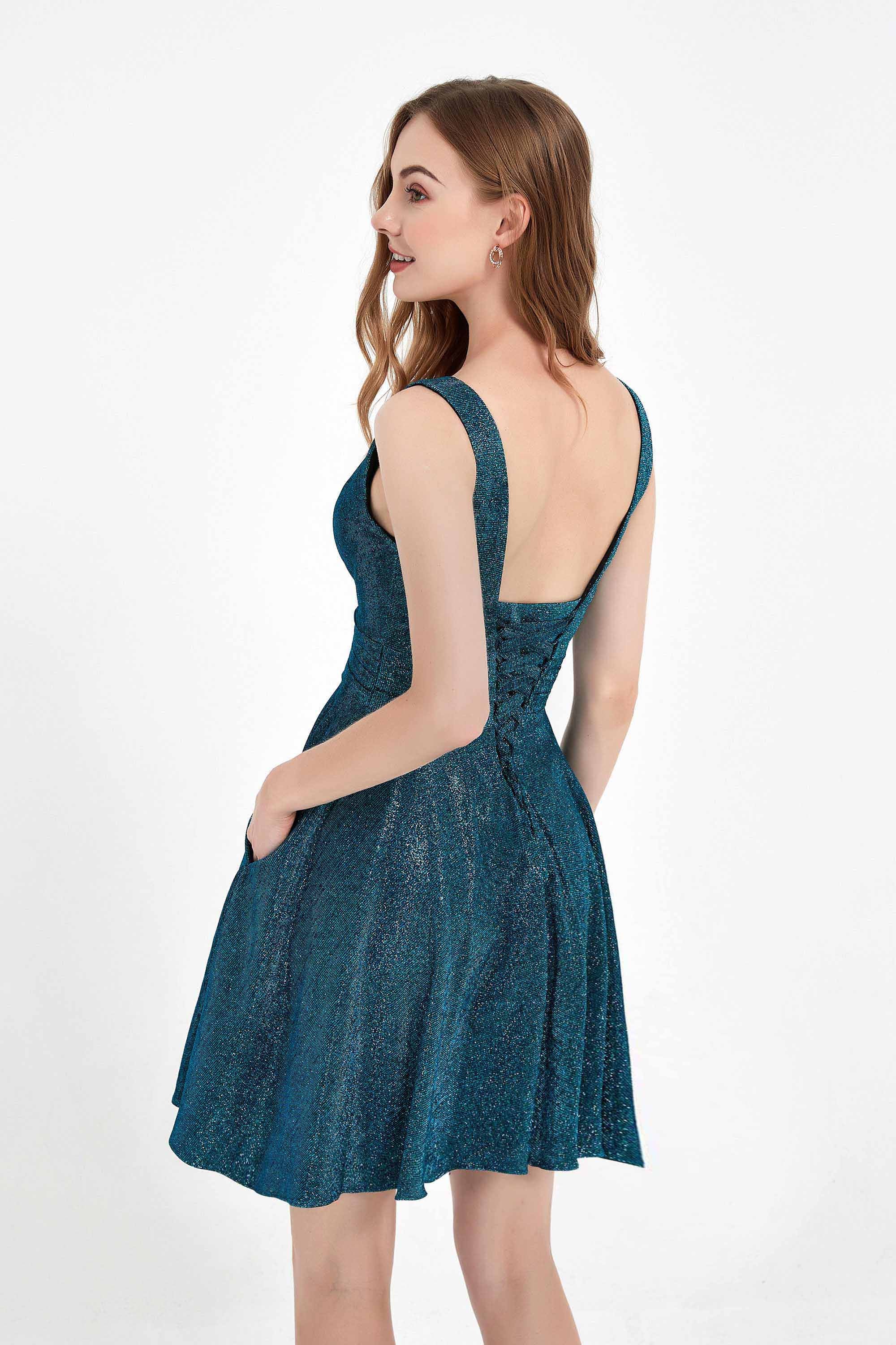 V-neck Glitter Short Dress With Pockets Homecoming Prom Dresses Party Cocktail Gowns