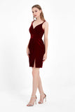 V Neck Pleated Short Velvet Dress Mini Party Prom Cocktail Dresses with Slit Club Gowns
