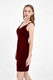 V Neck Pleated Short Velvet Dress Mini Party Prom Cocktail Dresses with Slit Club Gowns