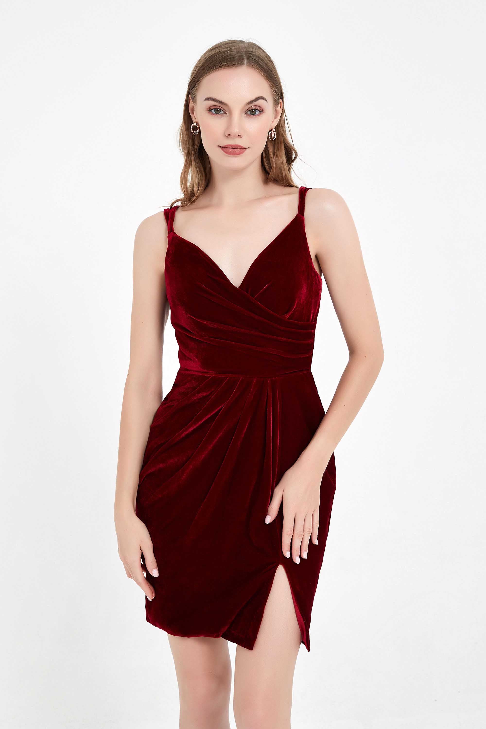V Neck Pleated Short Velvet Dress Mini Party Prom Cocktail Dresses with Slit Club Gowns