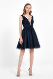 Deep V-neck Applique Tulle Dress Mini Homecoming Prom Dresses Sleeveless Party Cocktail Gowns