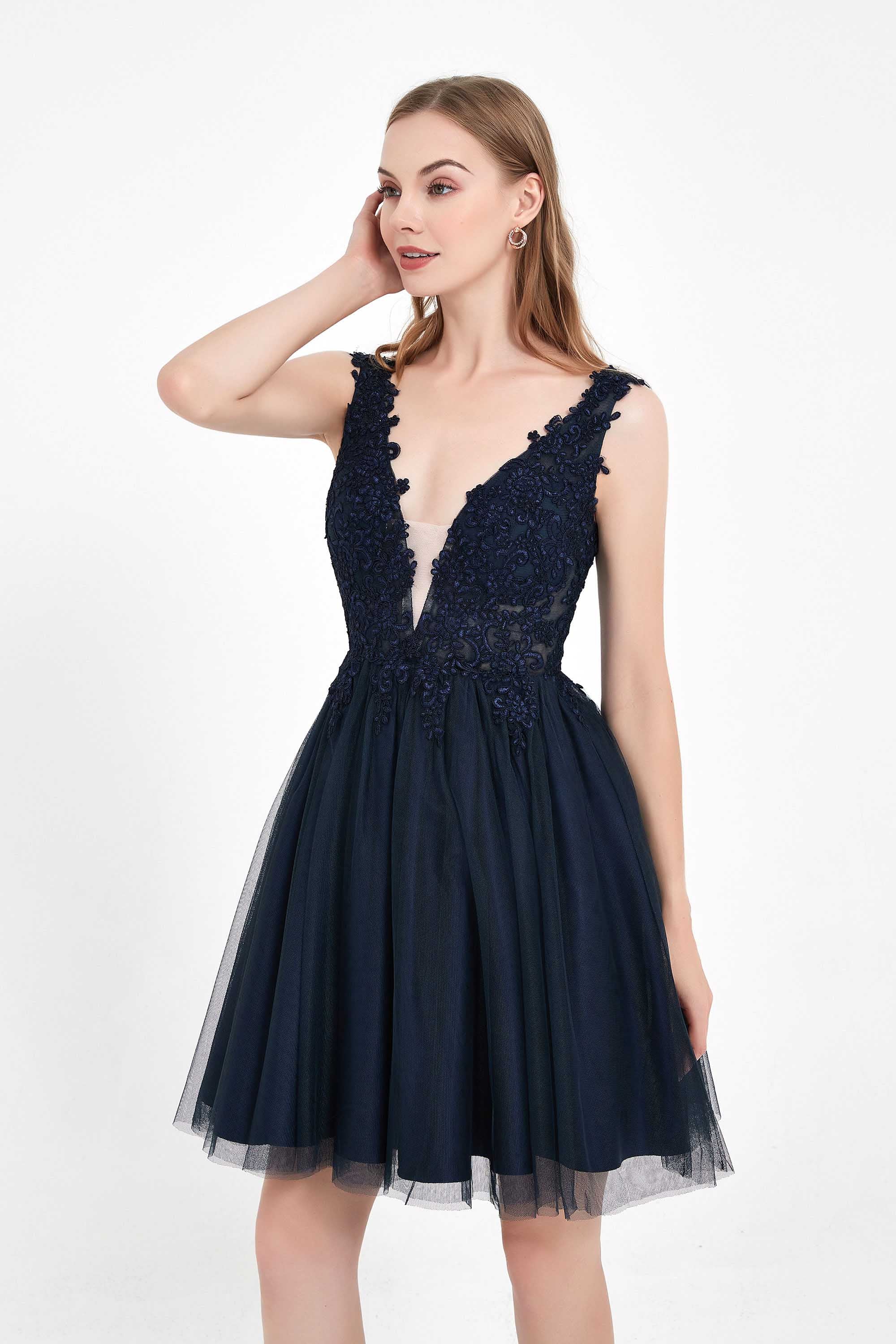 Deep V-neck Applique Tulle Dress Mini Homecoming Prom Dresses Sleeveless Party Cocktail Gowns