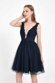 Deep V-neck Applique Tulle Dress Mini Homecoming Prom Dresses Sleeveless Party Cocktail Gowns