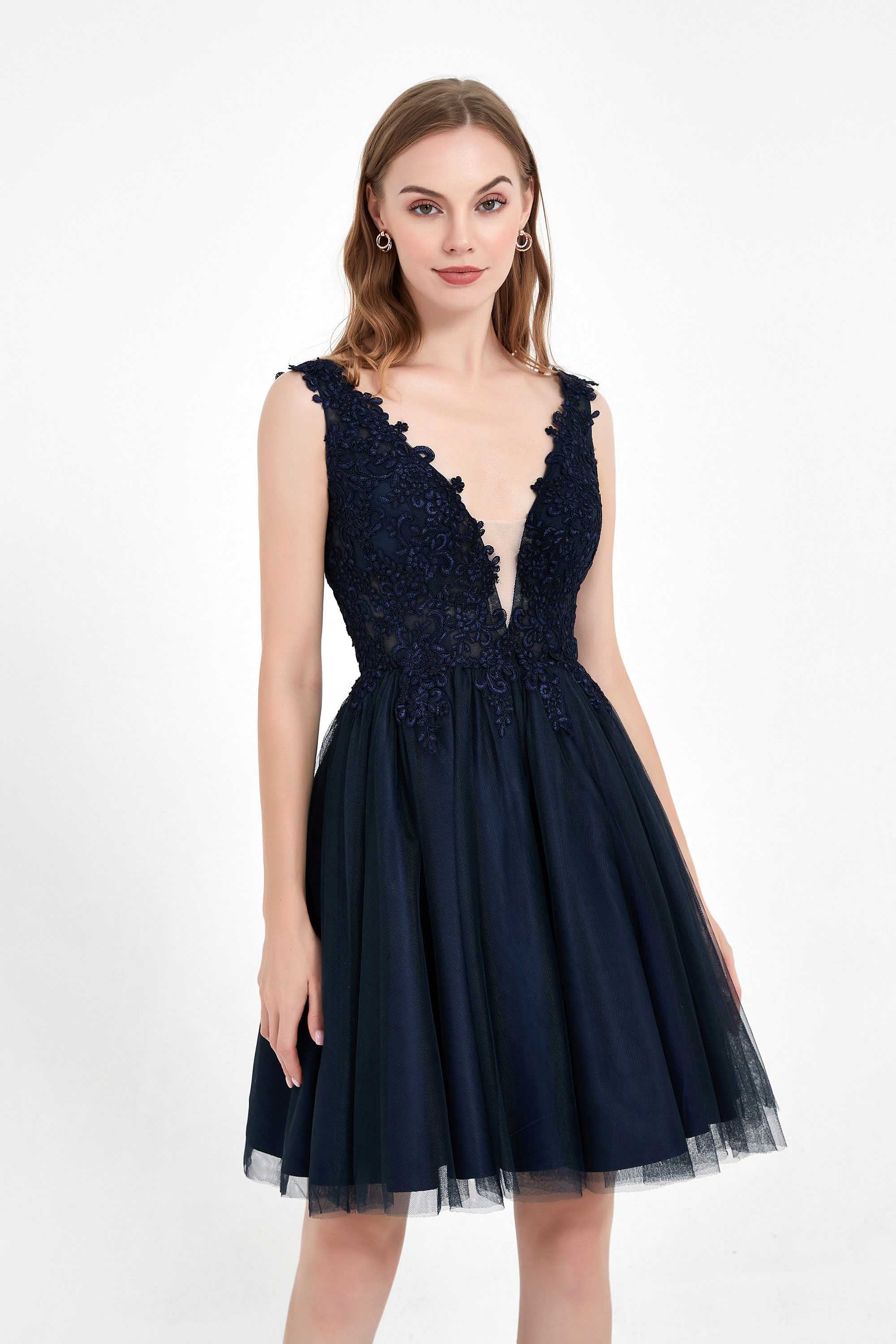 Deep V-neck Applique Tulle Dress Mini Homecoming Prom Dresses Sleeveless Party Cocktail Gowns