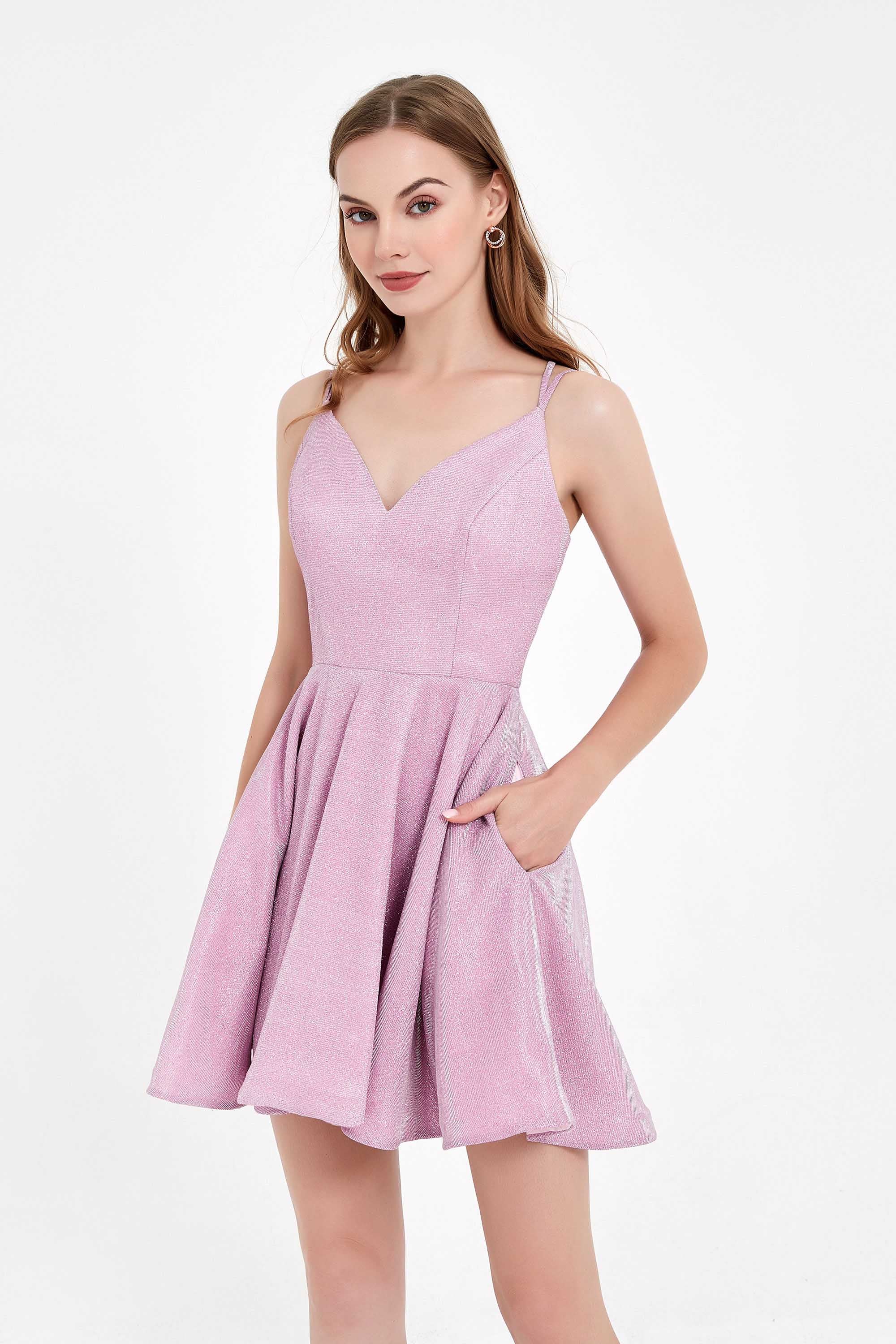 V-neck Lace Up Glitter Dress with Pockets Homecoming Prom Dresses Party Cocktail gowns