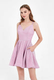 V-neck Lace Up Glitter Dress with Pockets Homecoming Prom Dresses Party Cocktail gowns