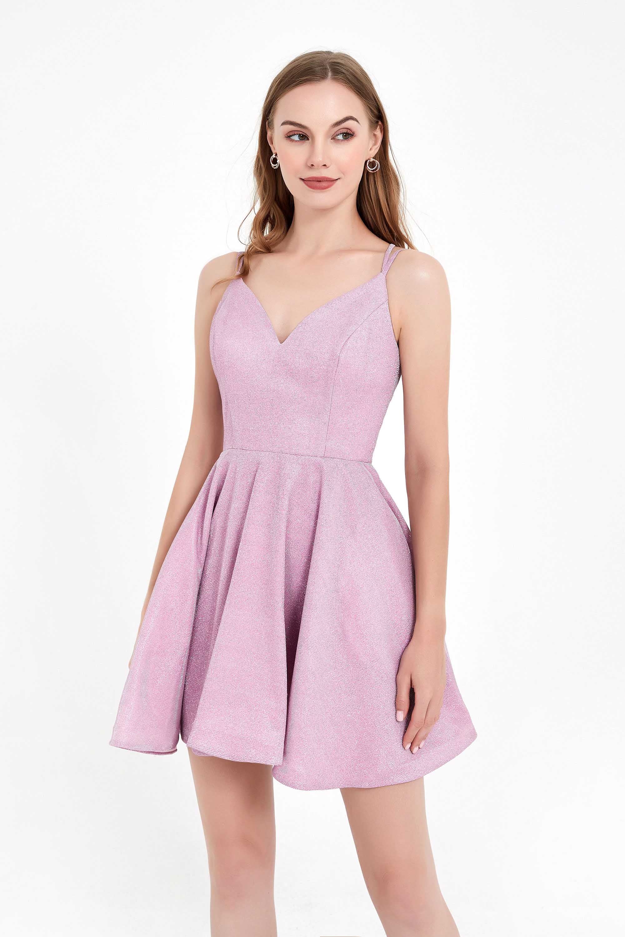 V-neck Lace Up Glitter Dress with Pockets Homecoming Prom Dresses Party Cocktail gowns